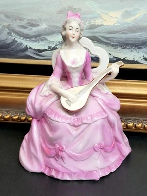 Vintage Seated Victorian Lady Playing a Mandolin Porcelain Figurine Germany - Image 1 of 4