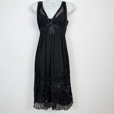 Vintage Karen Millen Y2K 100% Silk Black Embellished Babydoll Dress 12 party