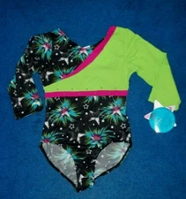 Lime Green Black  MORET Gymnastics LEOTARD Long Sleeve Girls  XS  S  M  L   NWT 