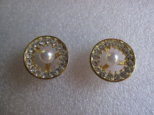 Gold Tone Circled Rhinestone Faux Pearl Center Pierced Earrings - Picture 2 of 10