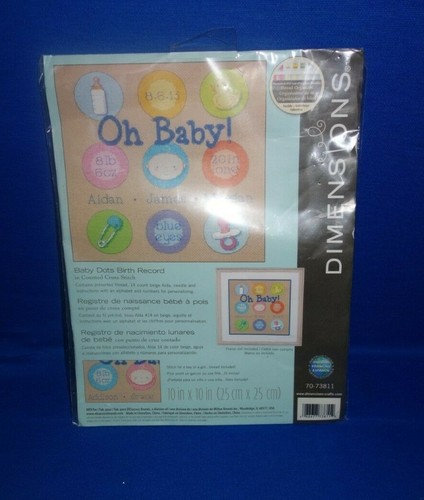 Kit de punto de cruz contado registro de nacimiento Dimensions Baby DOTS nuevo en paquete 70-73811