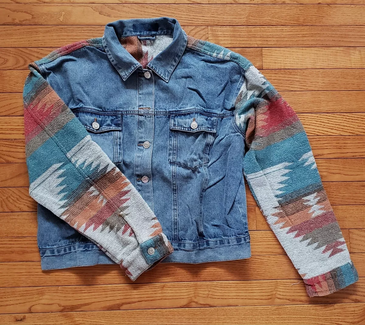 Boho Vintage Aztec Tribal Western Southwest Print Denim Jacket Jean Shacket  M