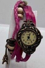 NEW PARIS Ladies Watch Eiffel Tower Charm Snaps Fits 7 -7.5 Wrists Pink Beaded