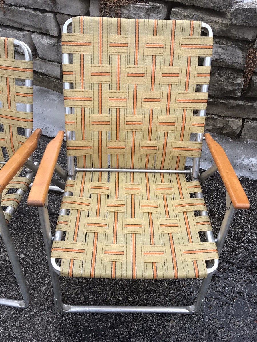 2 Vintage Aluminum Brown Tan Folding Lawn Chair Woven Webbed