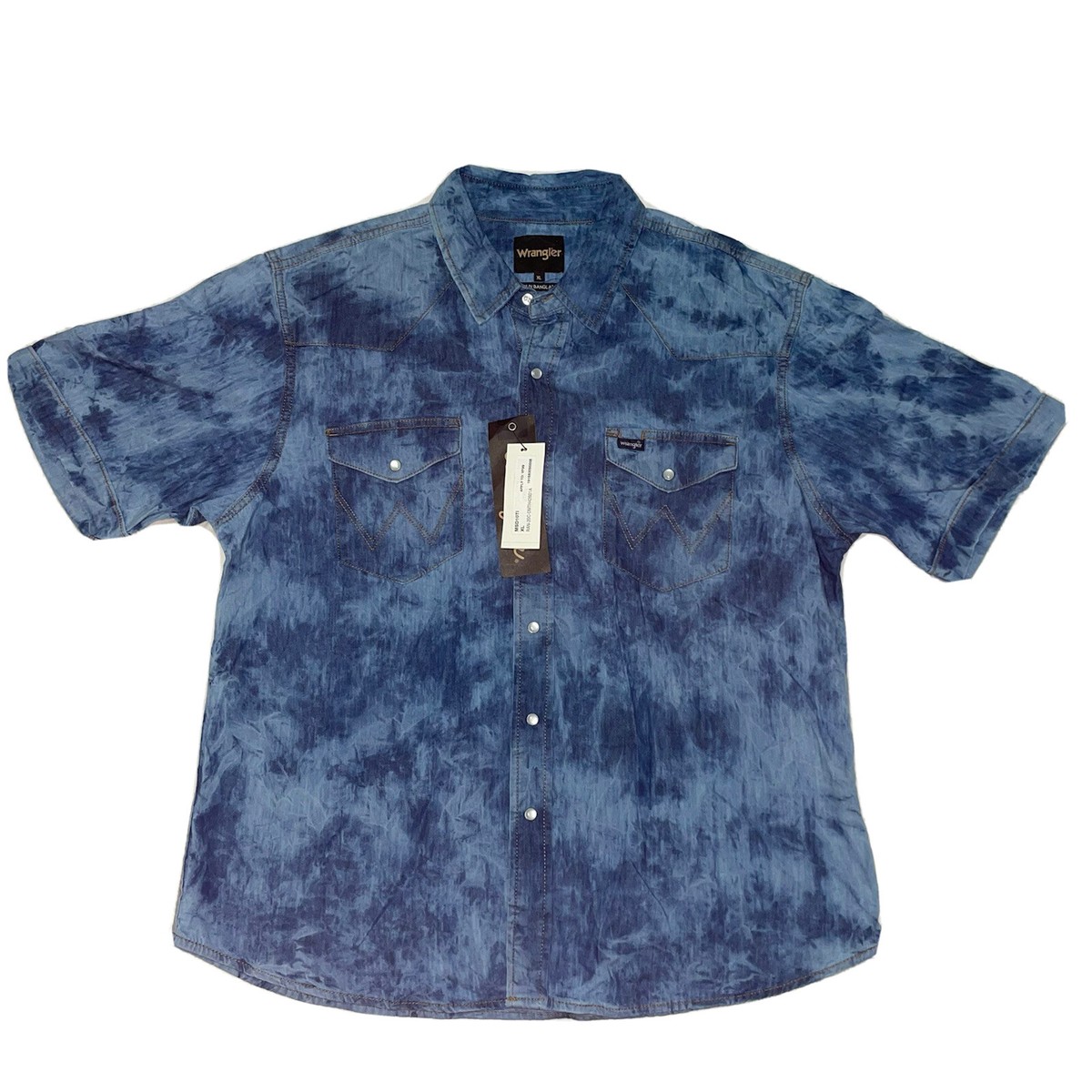 Wrangler Mens Western Short Sleeve Tie Dye Snap Button Blue