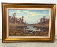 QUADRO DIPINTO OLIO Artino Giroldi PAESAGGIO LACUSTRE AUTUNNALE Lagoni MERCURAGO