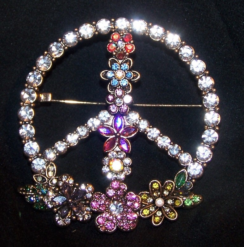 PEACE SIGN Flower Pin/Brooch-Multi Colored Rhinestones-New