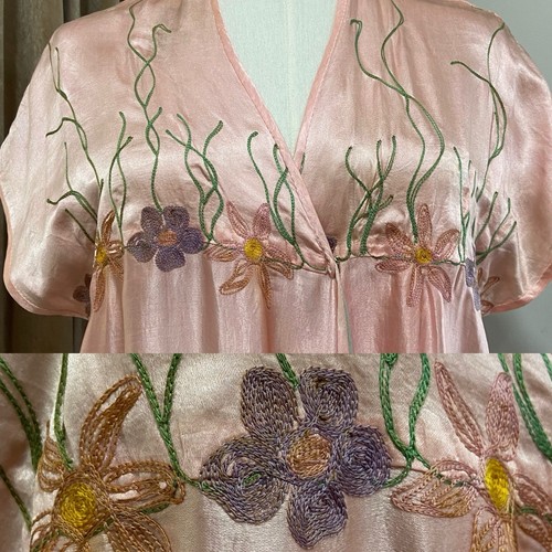 Vintage 20s Flapper Pink Silk Floral Embroidered Dressing Gown Kimono Robe SZ M - Picture 14 of 17