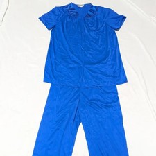 Vanity Fair 2 Piece Royal Blue Nylon Pajama Set Button Front Top W/ Flowers SEE
