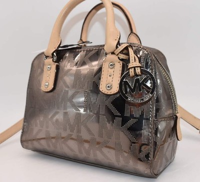 Michael Kors Patent Leather Mia Satchel Bag in MK Signature Mirror Gunmetal