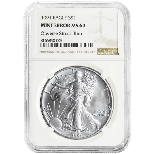 1991 $1 1-oz American Silver Eagle NGC MS69 Mint Error Obverse Strike Thru