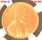 USA Lincoln Cents 1944-D 1C Copper Coin NGC MS 65 RD