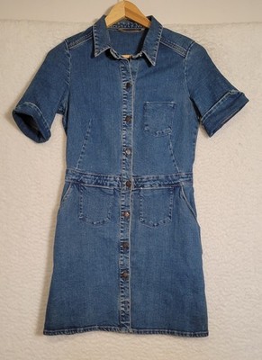 Zara Mini Dress Medium Blue Denim Button Front Stone Wash Pockets Stretch 0864