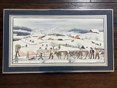 Swedish Folk Art Print Dolf Mettler Winter Rare Matted Framed 23.25'' x 13.25''