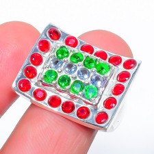 Tanzanite Quartz & Peridot & Garnet Gemstone 925 Silver Plated Ring s.8 M86