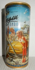 ZHIGULI # 10 Pin-up Cartoon Steel Beer can from RUSSIA (1 Liter) Bottom Opened