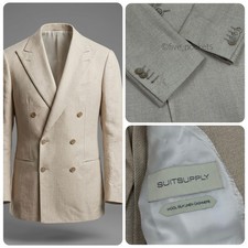 Great SuitSupply Double-Breasted Beige Blazer Size 38R Wool Silk Linen Cashmere