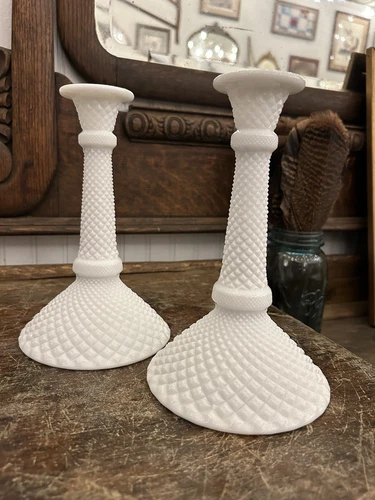 VTG Westmoreland English Hobnail Milk Glass Candlesticks-8”-Set Of 2