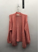 LOFT Women's Cardigan Sweater Coral Pink Cotton Blend Ribbed Button Front Sz L