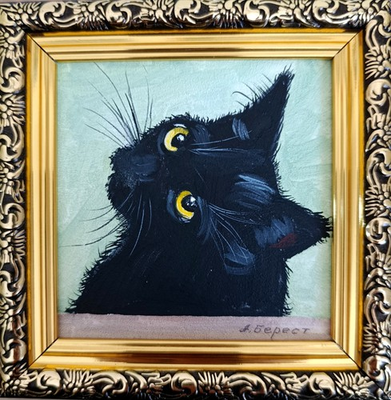 #ad ORIGINAL Oil Painting Black cat Animals Pet Contemporary Wall art Miniature $42.00
