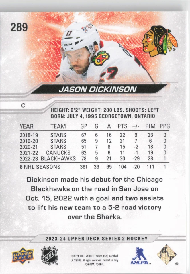 2023-24 Upper Deck #289 Jason Dickinson - Image 2 of 2