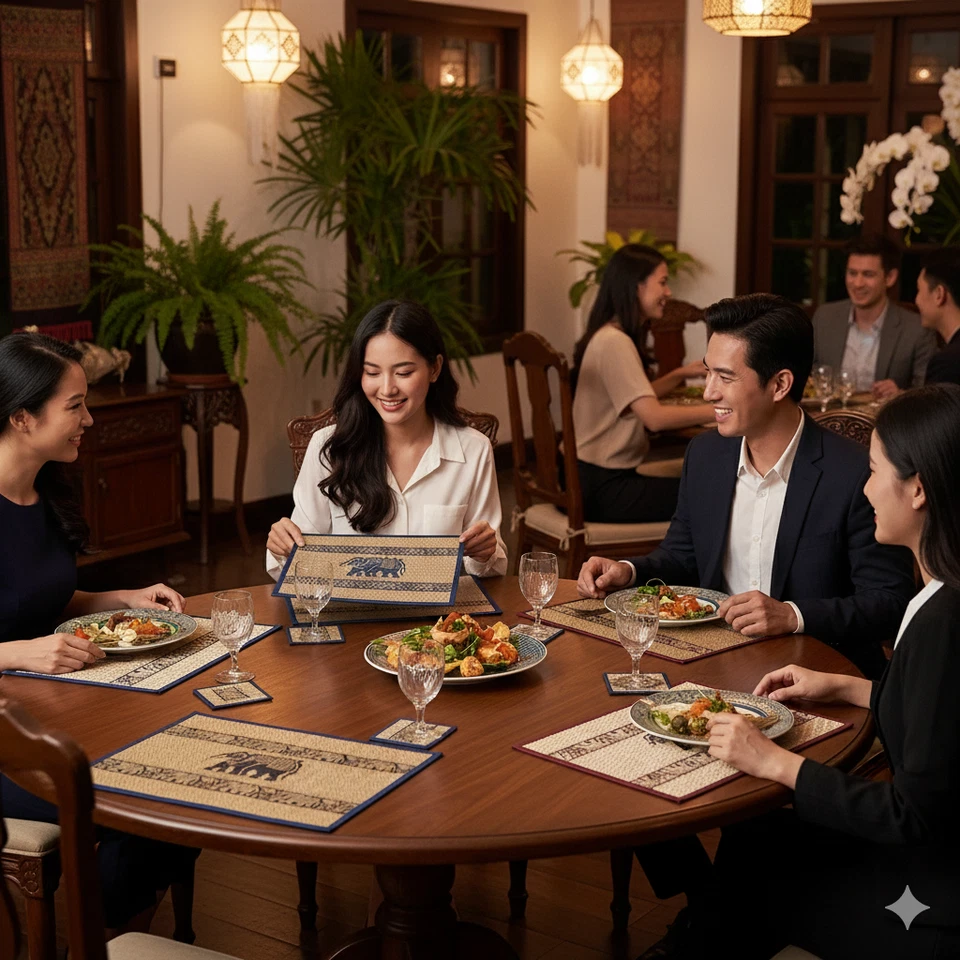 10.5" x 12.5" Silver Papyrus Reed Platemat & Coasters Thai Dinning Set 6 seats - Image 4 of 4