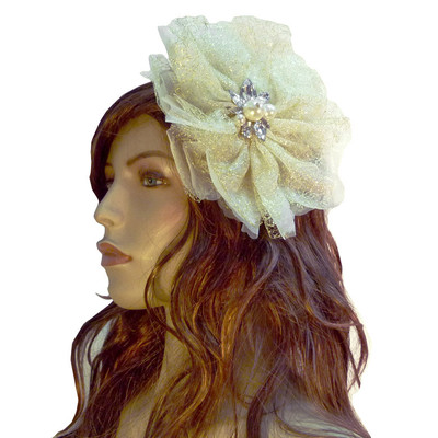 Brosche Haarspange Bibi Hochzeit Zeremonie Blume Organza Strass Elfenbein Gold
