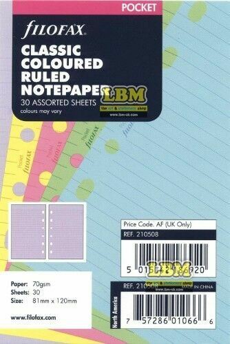 Recharge Filofax Format Pocket - 30 Feuilles Colorées