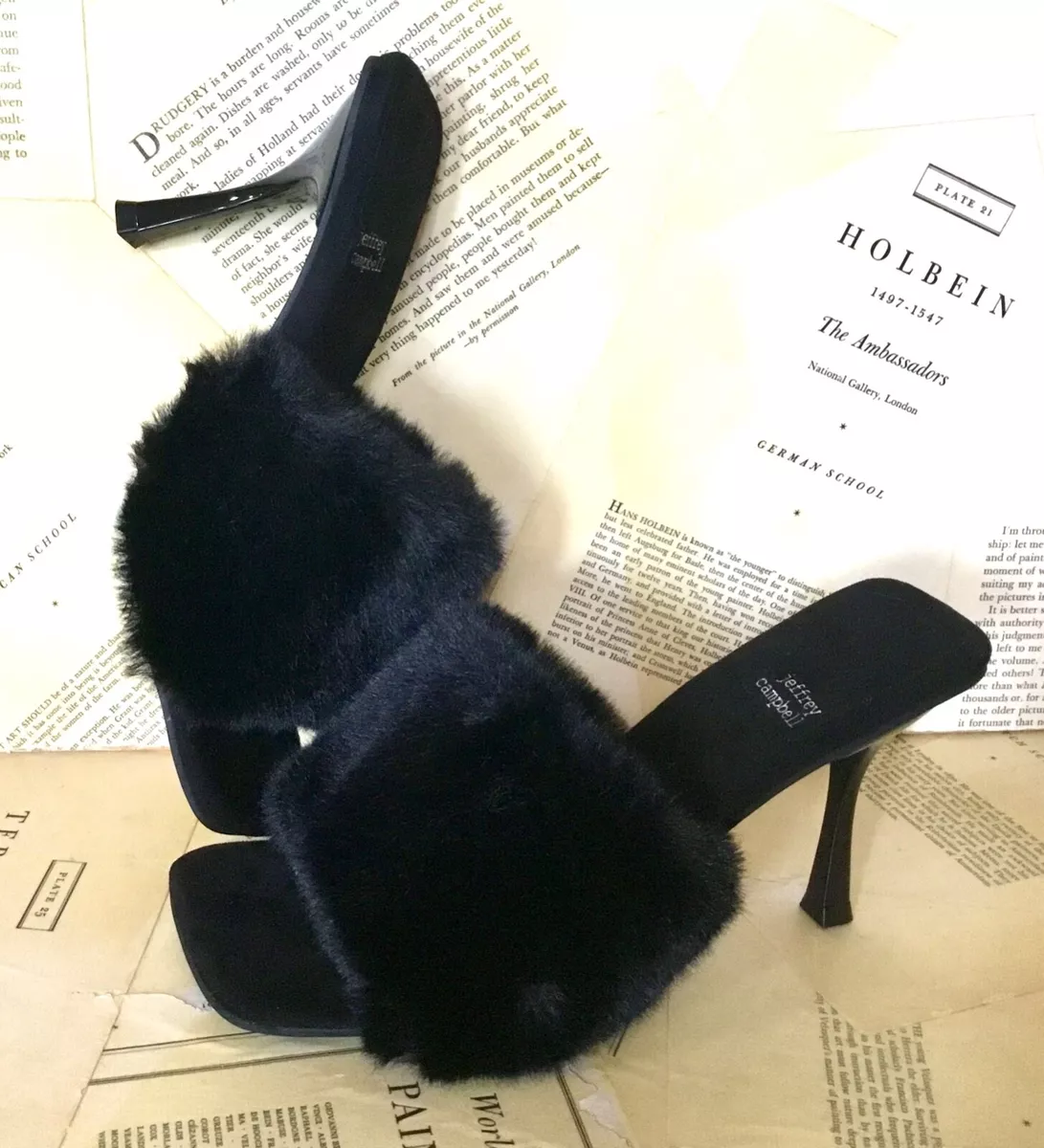 Free People Jeffrey Campbell Utopic Faux Fur Mule Sandal High Heel Black 7.5 NEW