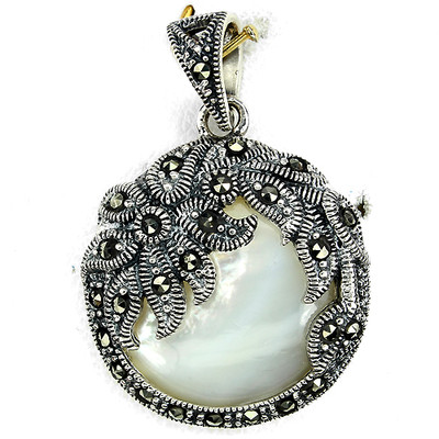 CHARMING CREAMY WHITE MOTHER OF PEARL-SWISS MARCASITE 925 SILVER ...