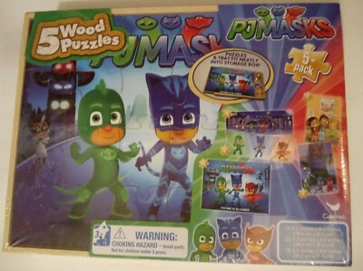 PJ Masks 5-PACK wood puzzles in a wooden storage tray for learners