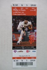 SAN FRANCISCO GIANTS VS PHILLIES 8/15/2014 FULL TICKET ~ TIM LINCECUM