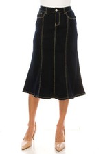 Women's Juniors Stretch Denim Calf-Length Flared Skirt