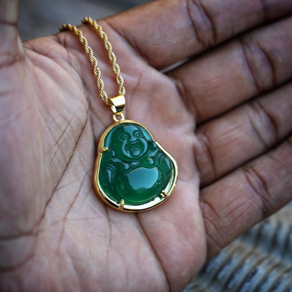 Green Jade Buddha Pendant Necklace Set 18k Gold Plated Hip Hop Jewelry