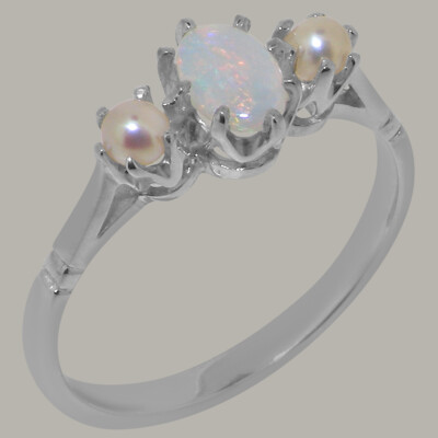 Solid 925 Sterling Silver Natural Opal & Pearl Womens Trilogy Ring ...