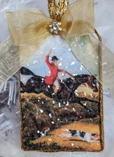 Victorian Decoupage Glass Glitter Horse Dogs Fox Hunting Christmas Tree Ornament