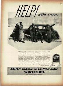 1937 Quaker State Motor Oil Family car breaks down in snow Vintage Print Ad