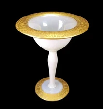 Antique Glass Gold Gilt Embossed Design on a White Compote