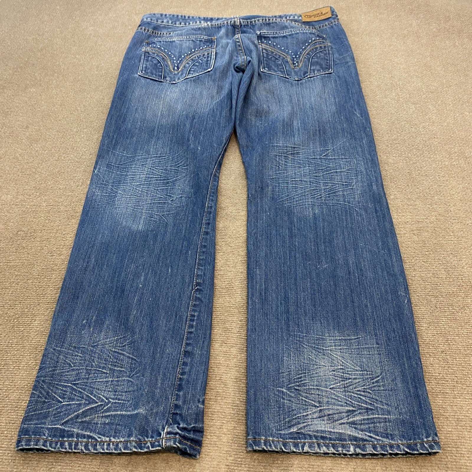 Men's Baggy Y2K Cloque & Dagger Jeans 40x34 Blue Distressed Whiskered Denim