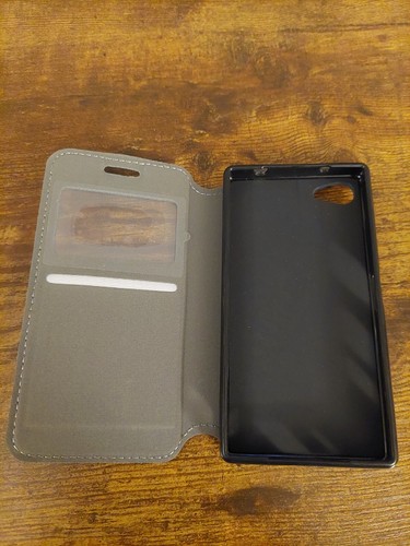 Sony Xperia Z5 Compact Case, Wood Grain Leather Magnetic Flip + Window, Blue - Picture 2 of 3