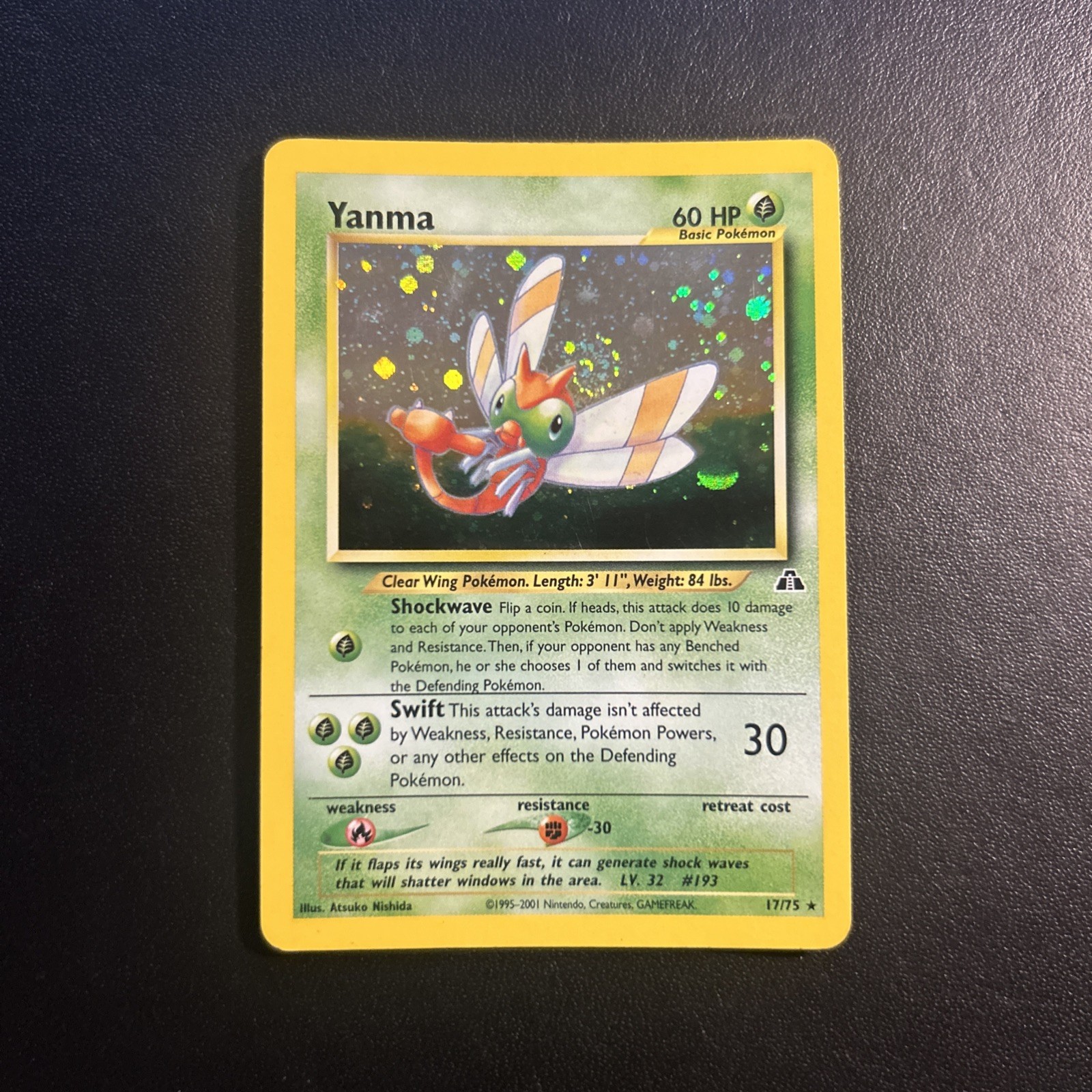 Yanma 17/75 Neo Discovery Pokemon Card Holo Rare Swirl Moderately Played MP