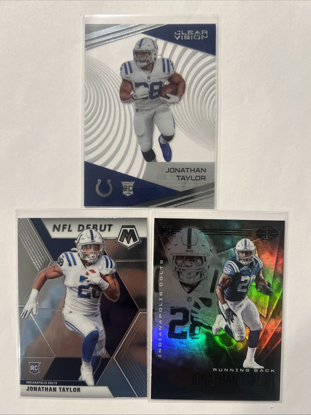 Jonathan Taylor 2020 Panini Clear Vision #CV-7 + Mosaic #276 + Illusions #14 RC