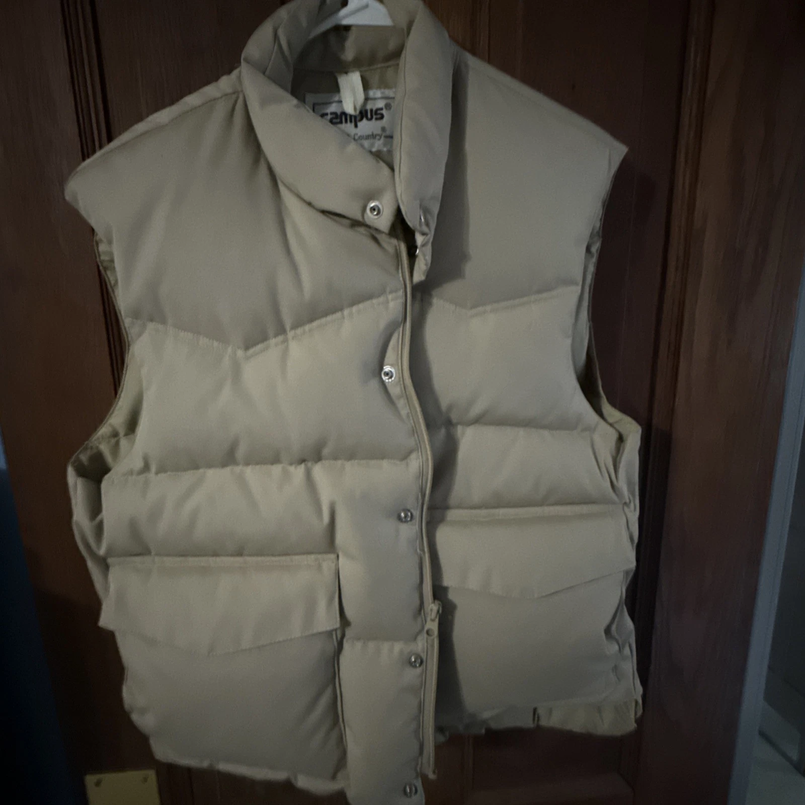 Vintage 80s Campus Rugged Country Puffer Down Button Up Vest Large Beige Tan