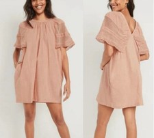 Old Navy Dress L Burnt Orange Crochet Short Sleeve Pockets Lined Cotton Boho