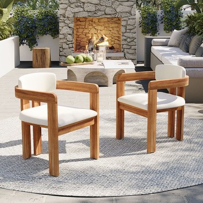 Set of 2 Outdoor Acacia Wood Dining Chair Armchair Patio Garden Balcony Cushion