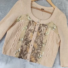 Free People Sweater Womens Size Small Wool Angora Rabbit Sequin Cable Knit Lace