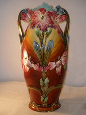 Antique French Art Nouveau Large Ceramic Decorative Flower Design Vase 37cm High