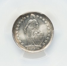1920 B Switzerland Helvetia Shield 1/2 Franc PCGS Mint State 67 Silver Coin D888