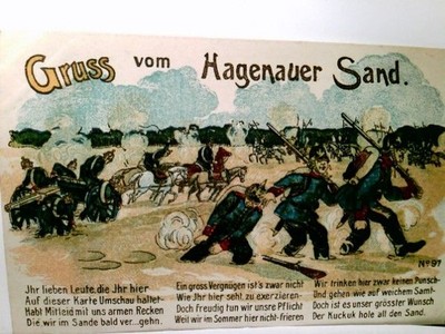 Gruss vom Hagenauer Sand. Alte Spruch AK farbig, gel. als Feldpost 1917. Humor, 
