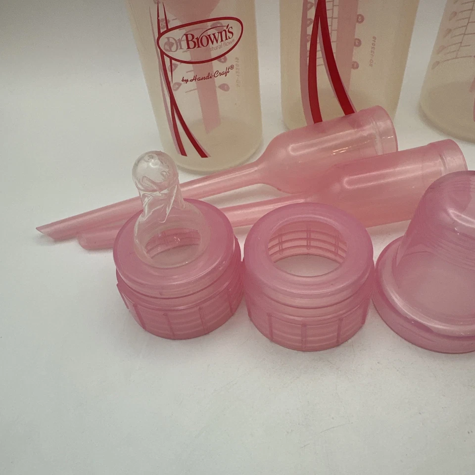 Dr. Brown's Botellas Rosa 4 OZ y 8 OZ Botellas Flujo Natural Lote Tapas Pezones Usado en Excelente Condición Foto 4 de 4